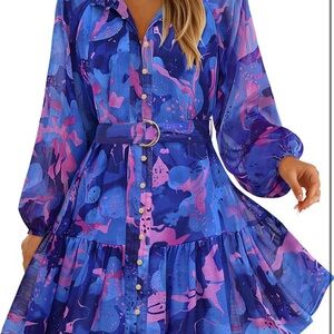 Vibrant Blue and Pink Long Sleeve Dress
